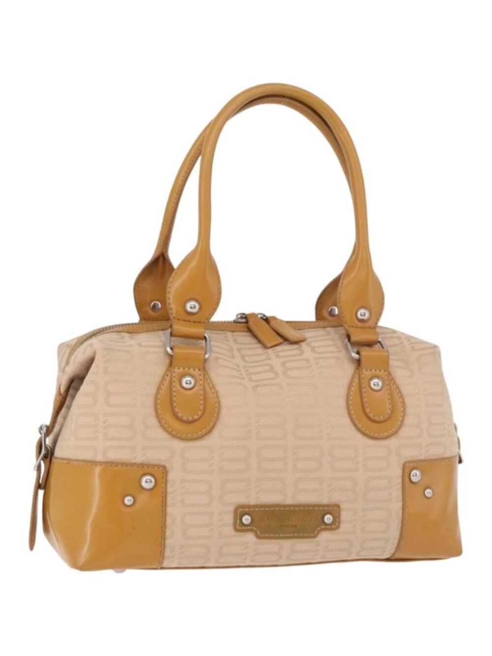 BALENCIAGA Boston Bag Canvas Beige Silver